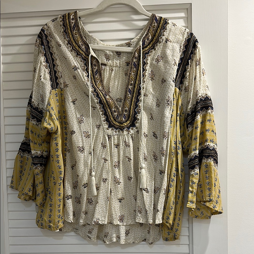 Free People Cream and Gold Bell Sleeve Blouse